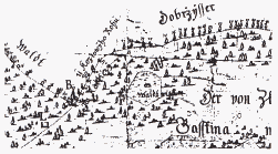 Star mapa toku: Vse z mapy poles Velk Batina od J. J. Manna z roku 1748. V jejm stedu je zakreslena louka se stavenm - prvn doklad o Carvnce i kdy zde jet jej jmno uvedeno nen. (obr. 2)